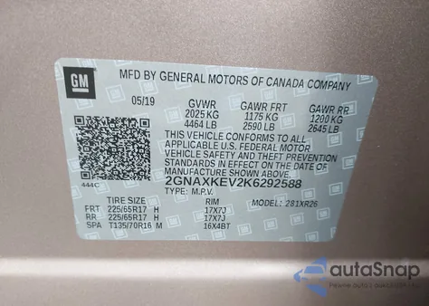 2019 Chevrolet Equinox Lt z USA, uszkodzony, nr VIN 2GNAXKEV2K6292588